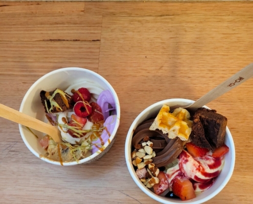 Zwei Schalen mit Frozen Yogurt mit Früchten