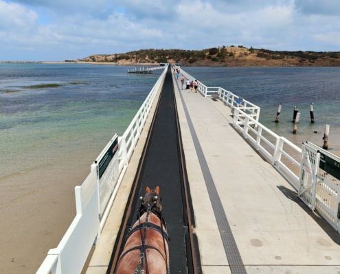 Mit dem Pferdewagen auf der Brücke zu Granite Island
